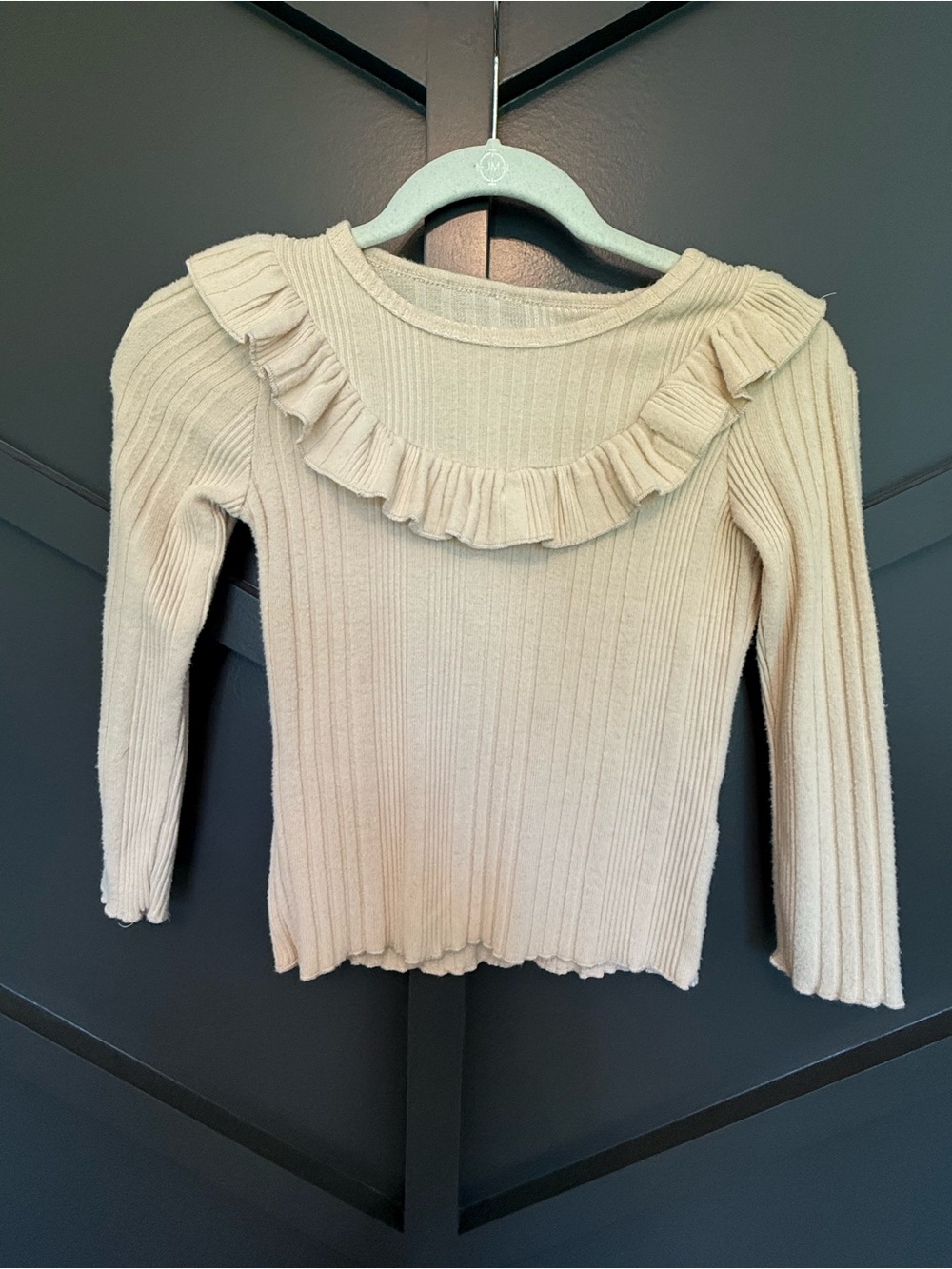 Girls Cream Ruffle Ribbed Long-Sleeve Top